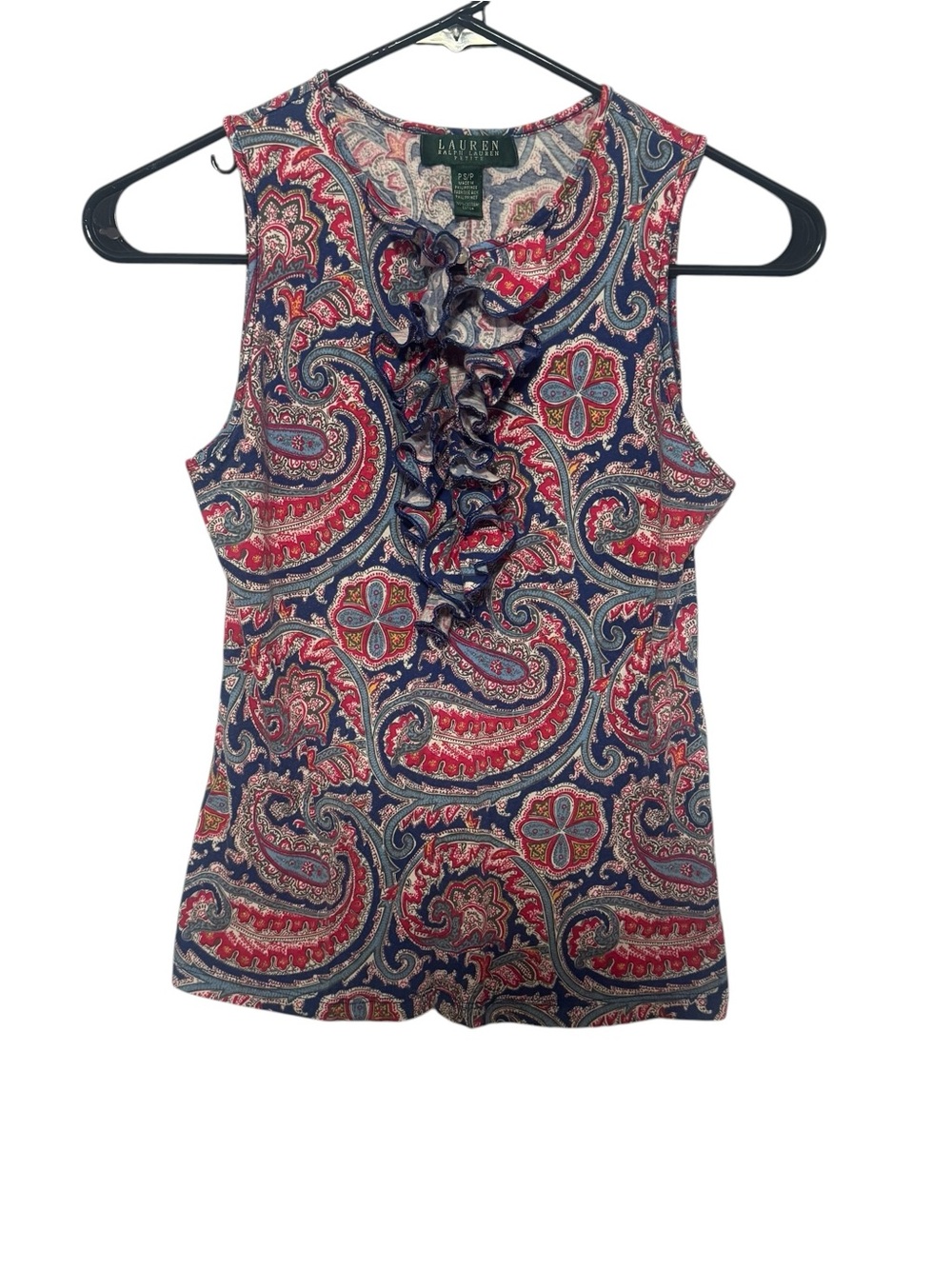 Lauren Ralph Lauren Navy & Red Paisley Ruffle Sleeveless Top Petite Small